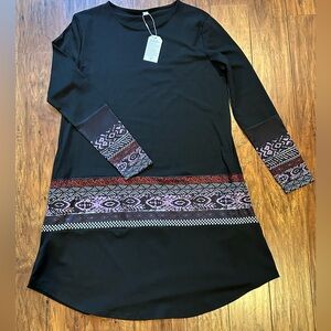 Chic Long Sleeve Black Dress with Red and Purple Accents